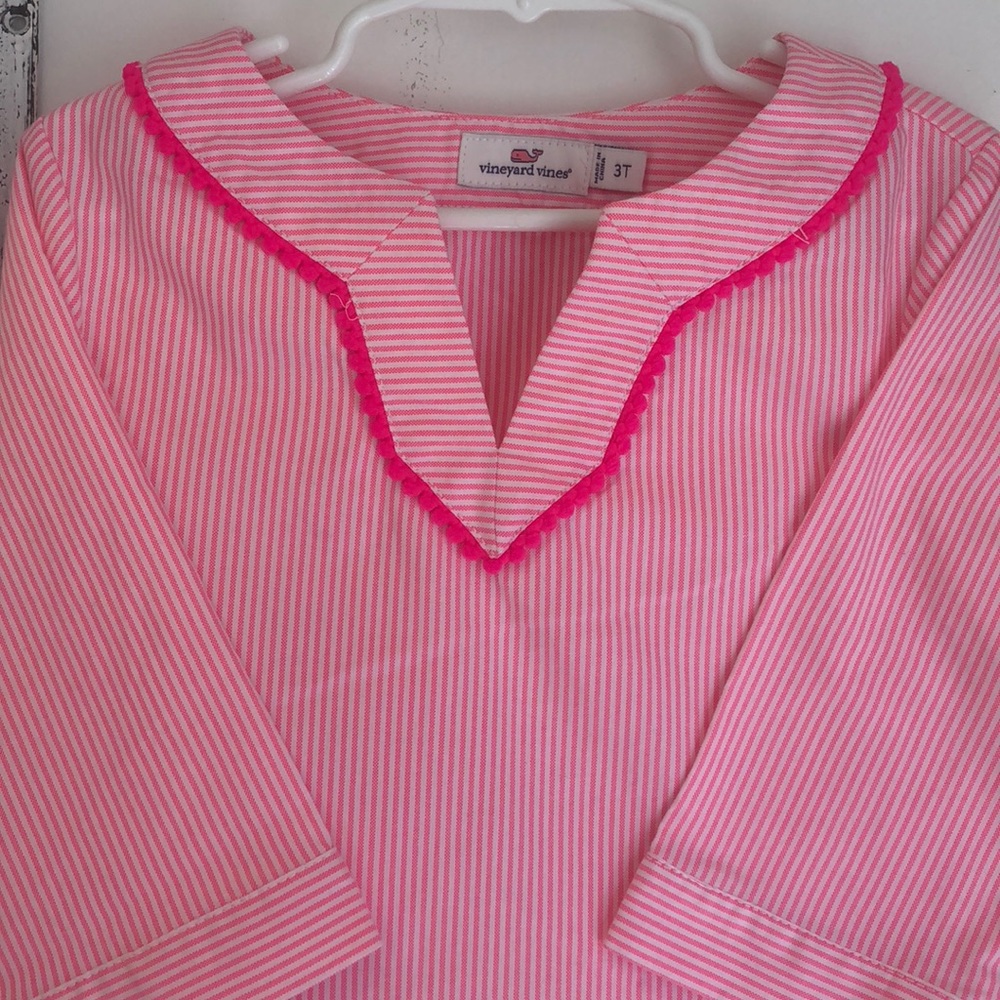 Pink and white stripe tunic with hot pink Pom trim